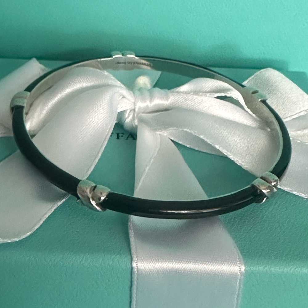 -Tiffany & Co Black Enamel Sterling Silver Signature X Bangle Bracelet
